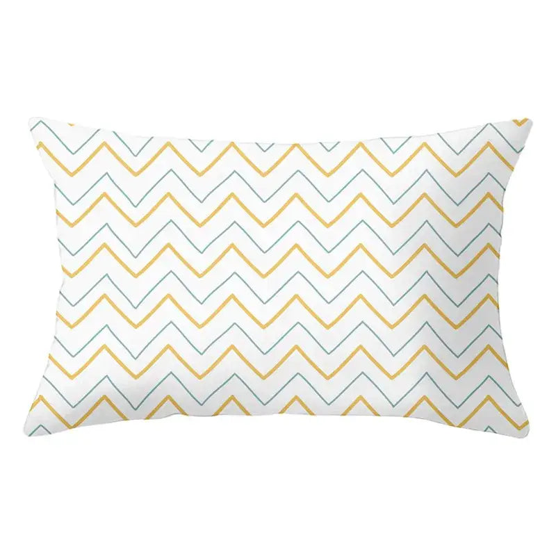 Geometric striped curved rectangle pillows yellow & teal living room