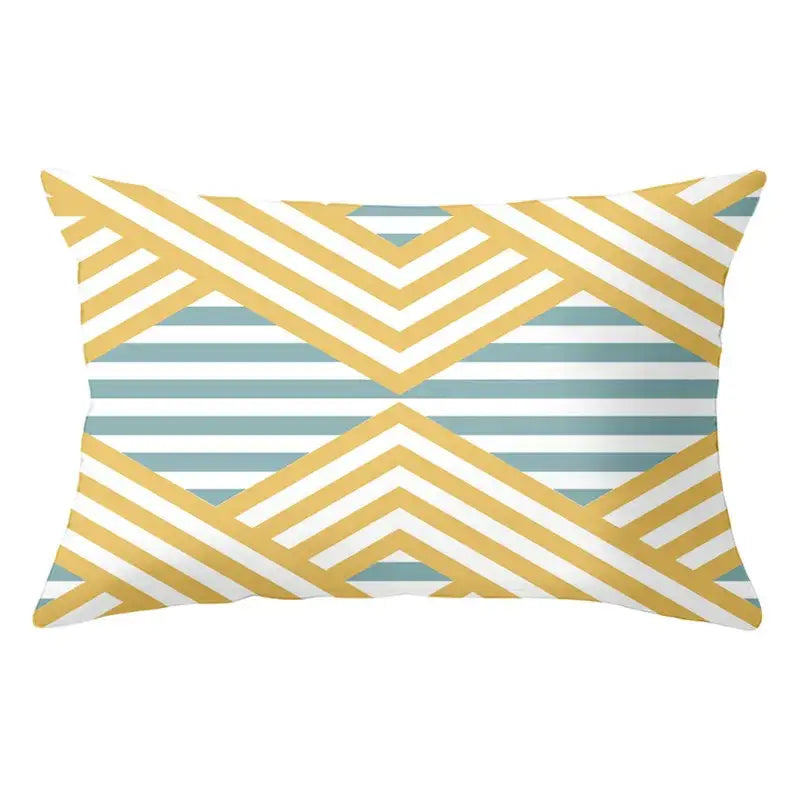 Geometric striped curved rectangle pillows yellow & teal living room