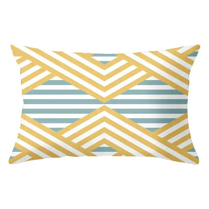 Geometric striped curved rectangle pillows yellow & teal living room