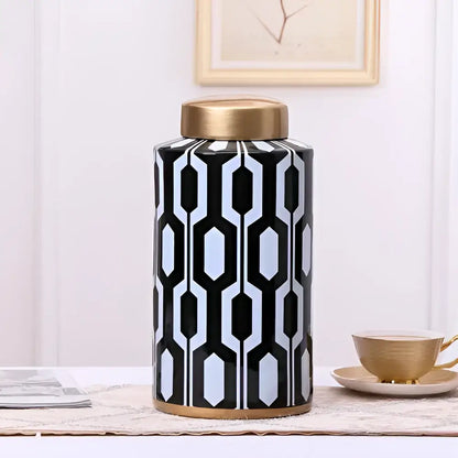 Geometric stripes black & white ceramic storage jar living room decor