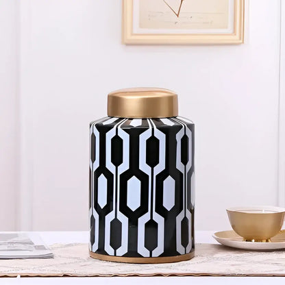 Geometric stripes black & white ceramic storage jar living room decor