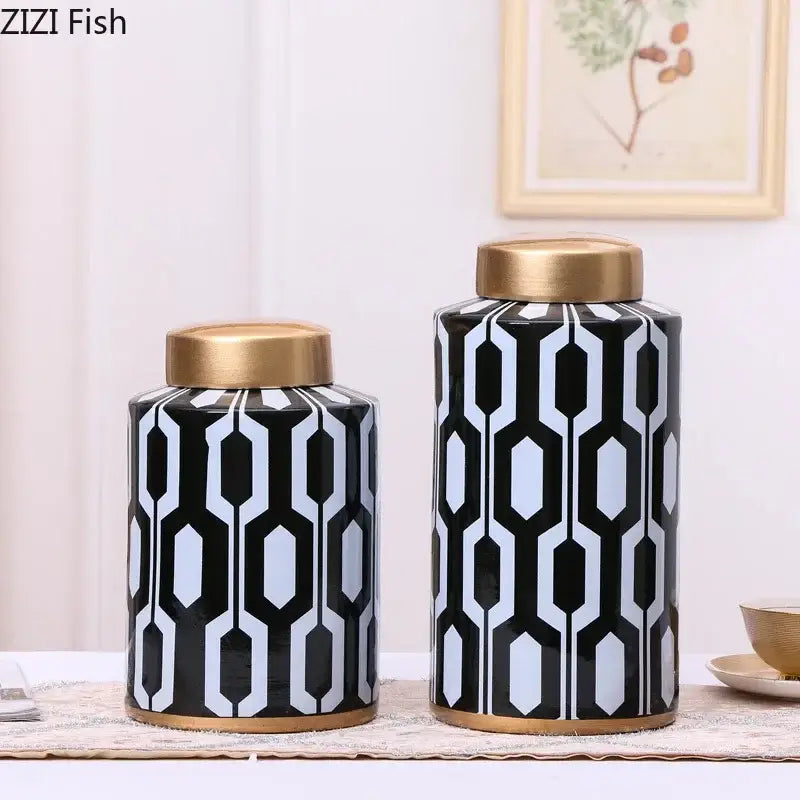 Geometric stripes black & white ceramic storage jar living room decor