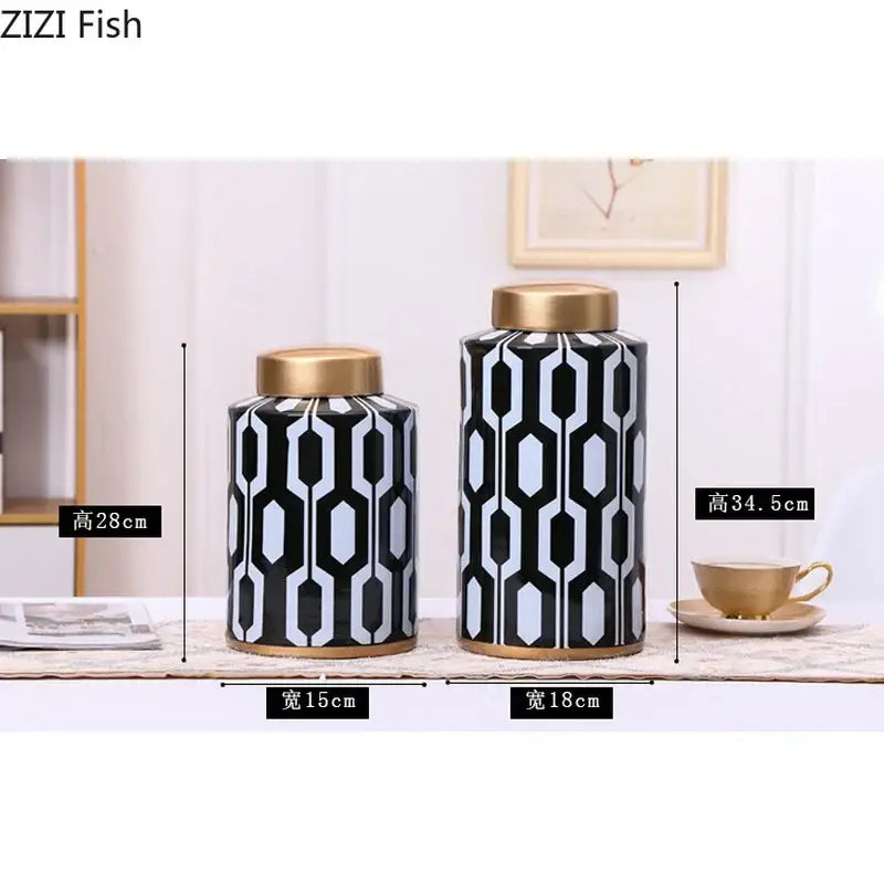 Geometric stripes black & white ceramic storage jar living room decor