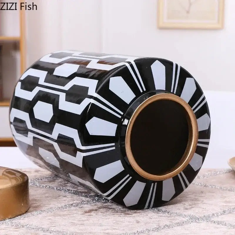 Geometric stripes black & white ceramic storage jar living room decor