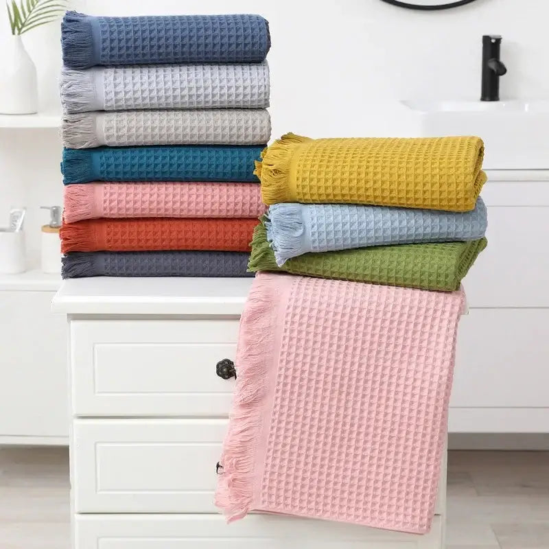 Geometric tassel bath towel multi colored waffle design bathroom decor