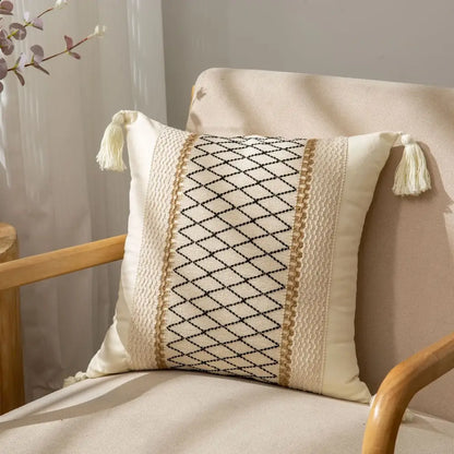 Geometric tassel cushion cover cream & black living room decor