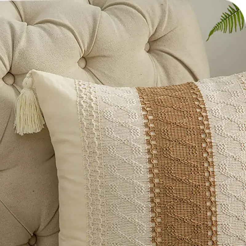 Geometric tassel cushion cover cream & black living room decor