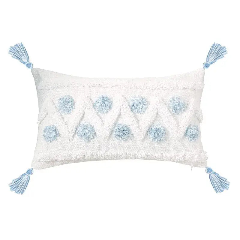 Geometric tassel tufted light blue & white star pillow covers living room