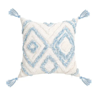 Geometric tassel tufted light blue & white star pillow covers living room