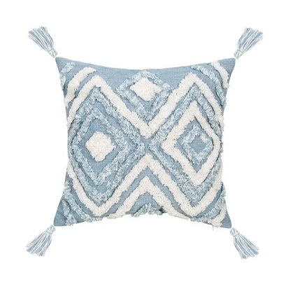 Geometric tassel tufted light blue & white star pillow covers living room