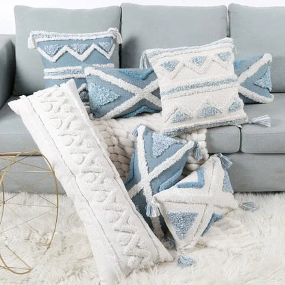 Geometric tassel tufted light blue & white star pillow covers living room