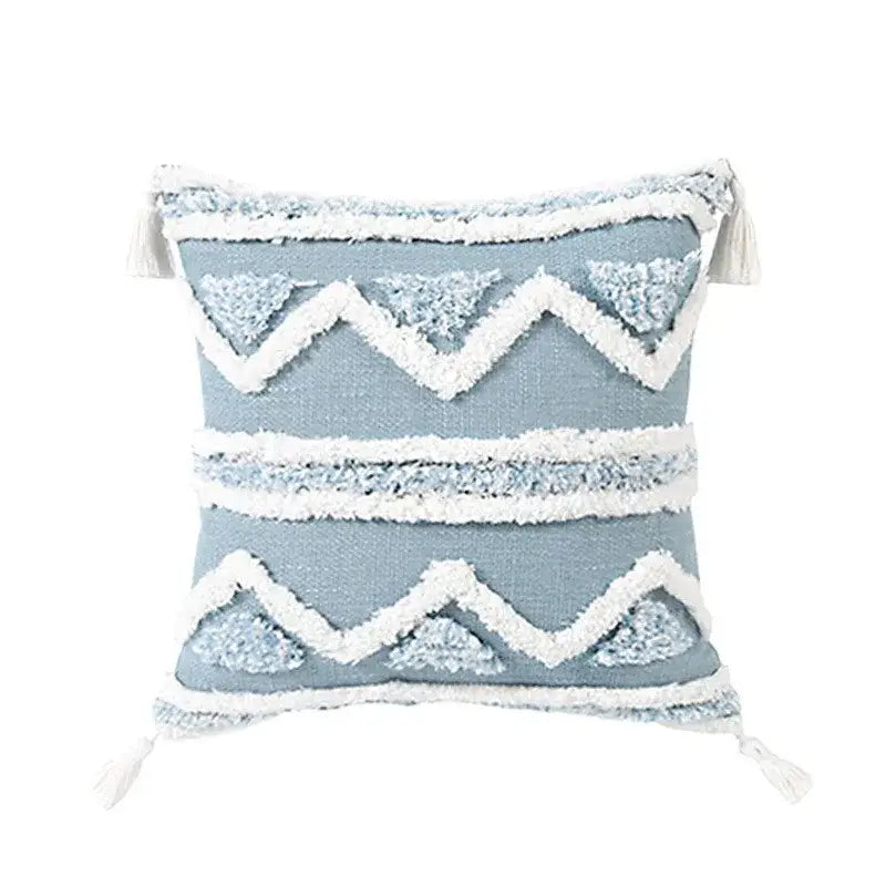 Geometric tassel tufted light blue & white star pillow covers living room