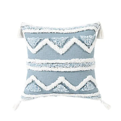 Geometric tassel tufted light blue & white star pillow covers living room