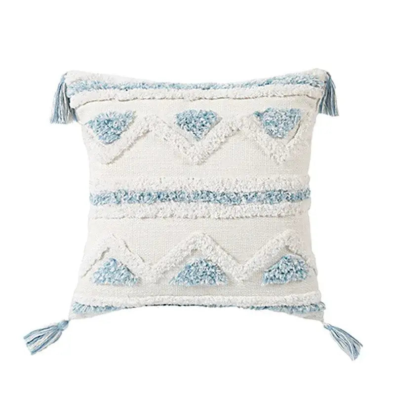 Geometric tassel tufted light blue & white star pillow covers living room