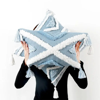 Geometric tassel tufted light blue & white star pillow covers living room