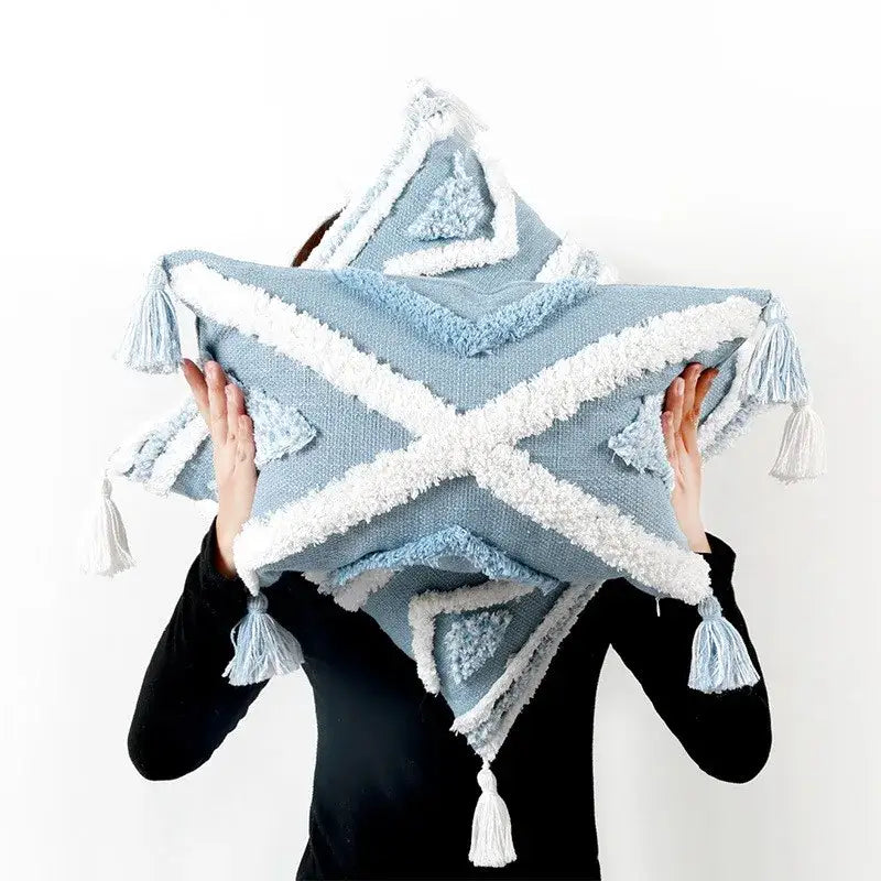 Geometric tassel tufted light blue & white star pillow covers living room