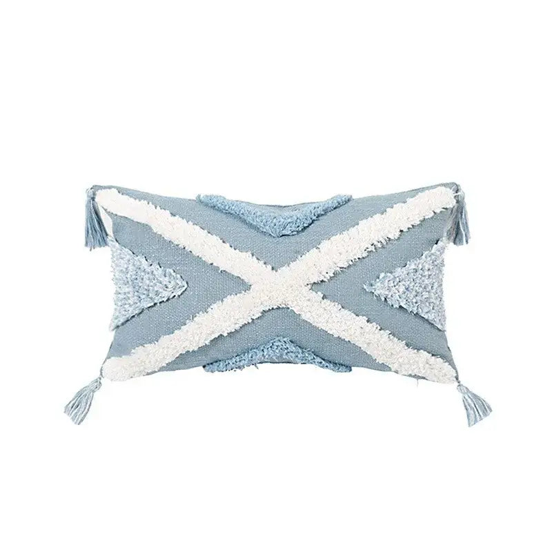 Geometric tassel tufted light blue & white star pillow covers living room