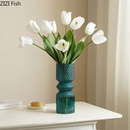 Geometric teal & green crystal clear glass vase set living room decor