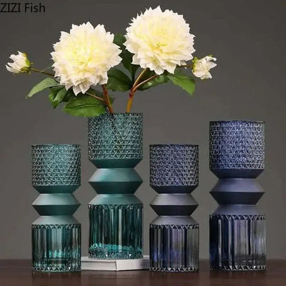 Geometric teal & green crystal clear glass vase set living room decor