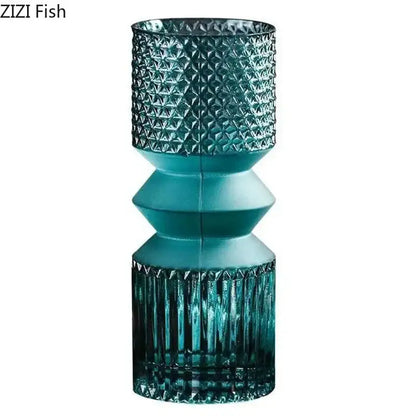 Geometric teal & green crystal clear glass vase set living room decor