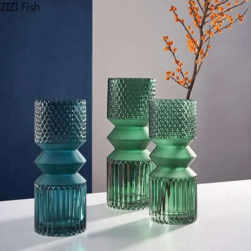 Geometric teal & green crystal clear glass vase set living room decor