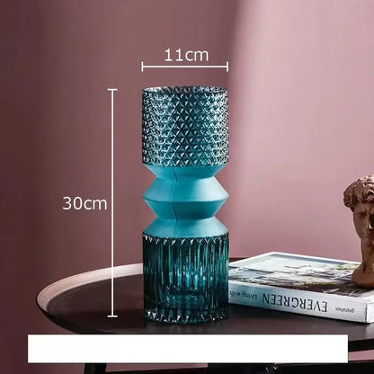 Geometric teal & green crystal clear glass vase set living room decor
