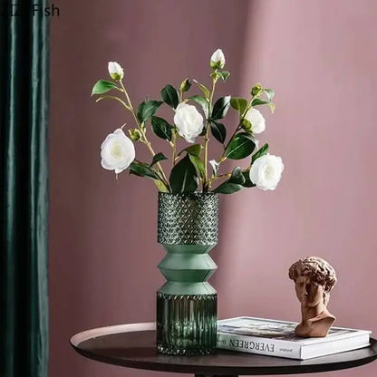 Geometric teal & green crystal clear glass vase set living room decor