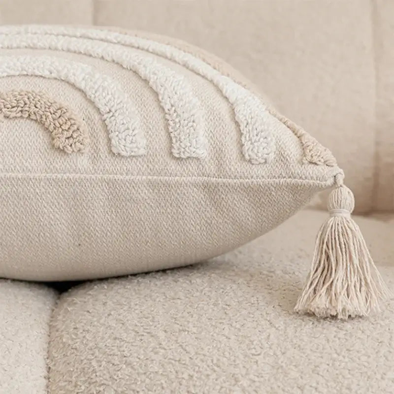Geometric tufted beige & cream cushion cover living room tassel trim