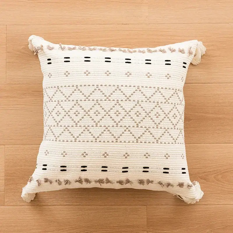 Geometric tufted beige & cream cushion cover living room tassel trim