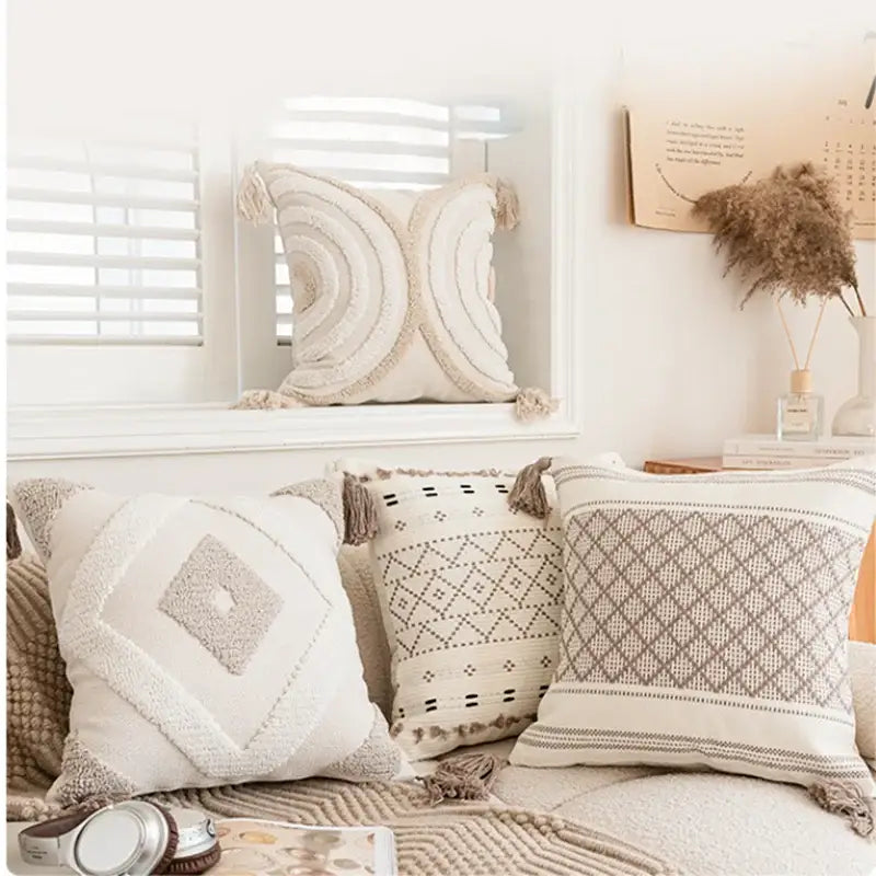 Geometric tufted beige & cream cushion cover living room tassel trim