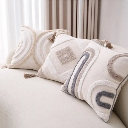 Geometric tufted beige & cream cushion cover living room tassel trim