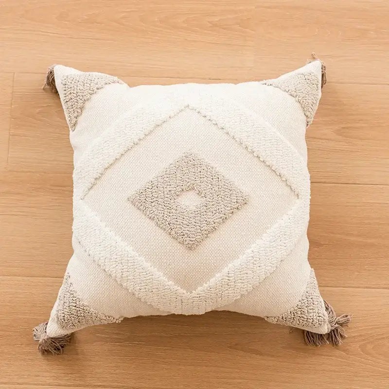 Geometric tufted beige & cream cushion cover living room tassel trim