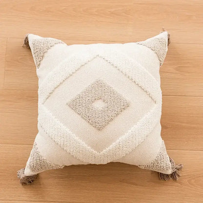 Geometric tufted beige & cream cushion cover living room tassel trim