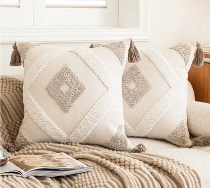 Geometric tufted beige & cream cushion cover living room tassel trim