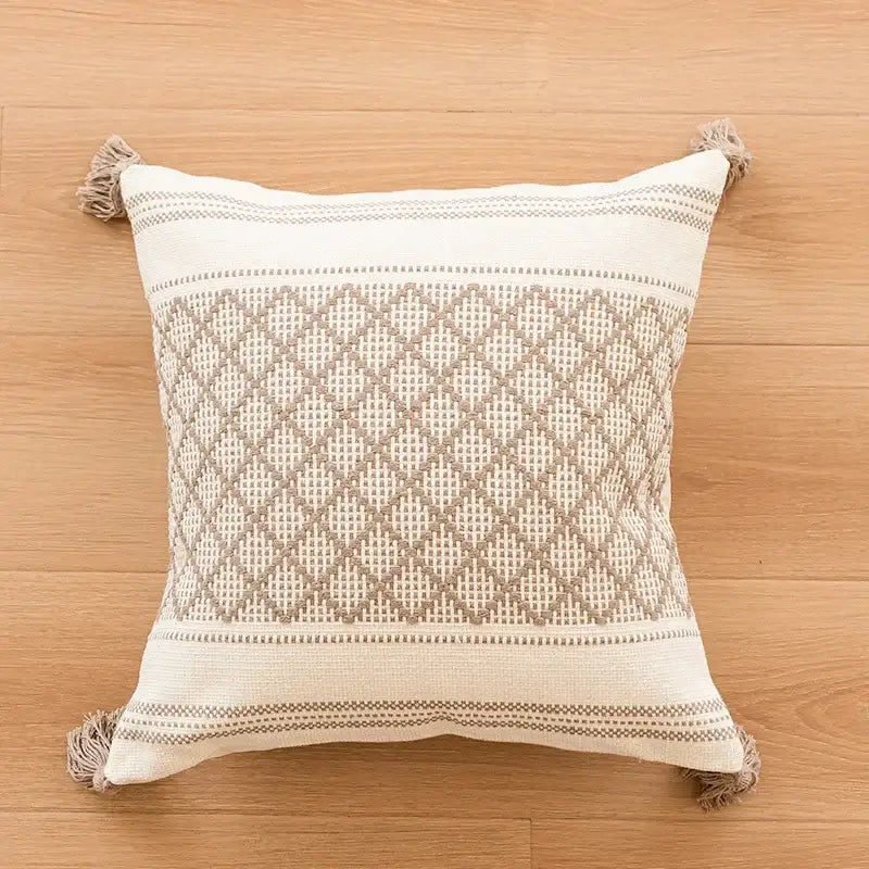 Geometric tufted beige & cream cushion cover living room tassel trim