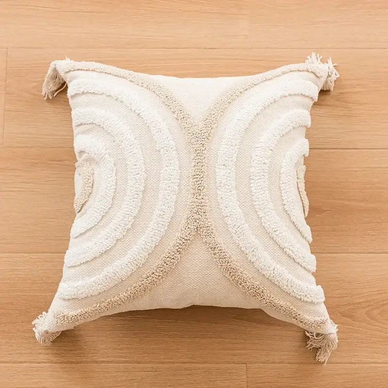 Geometric tufted beige & cream cushion cover living room tassel trim