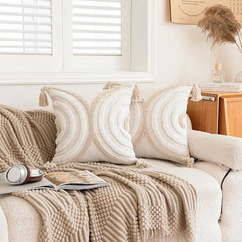 Geometric tufted beige & cream cushion cover living room tassel trim