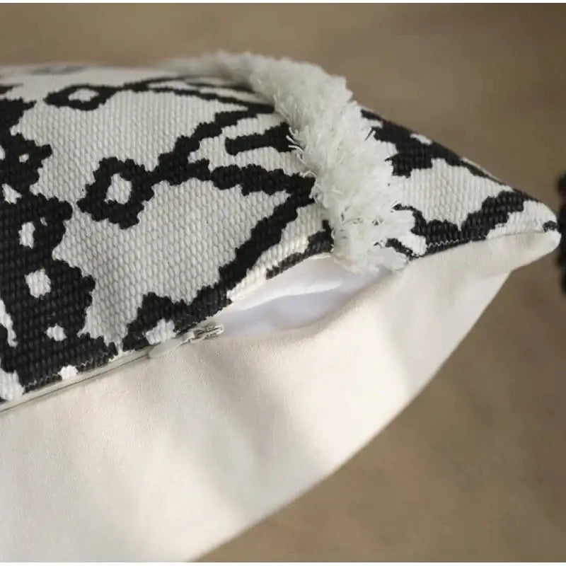 Geometric tufted black & white cushion cover living room tassel decor