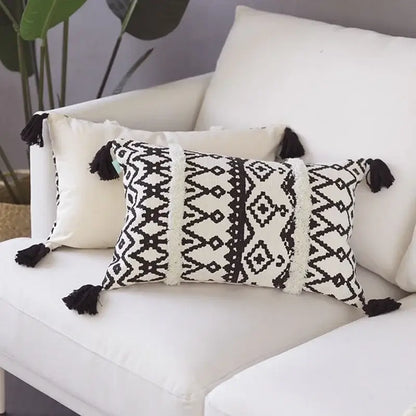 Geometric tufted black & white cushion cover living room tassel decor