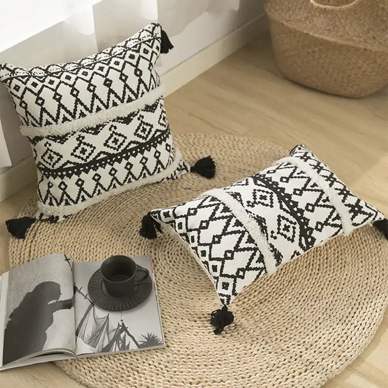 Geometric tufted black & white cushion cover living room tassel decor