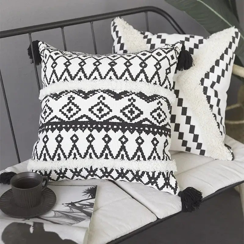Geometric tufted black & white cushion cover living room tassel decor
