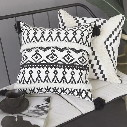Geometric tufted black & white cushion cover living room tassel decor