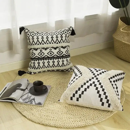 Geometric tufted black & white cushion cover living room tassel decor