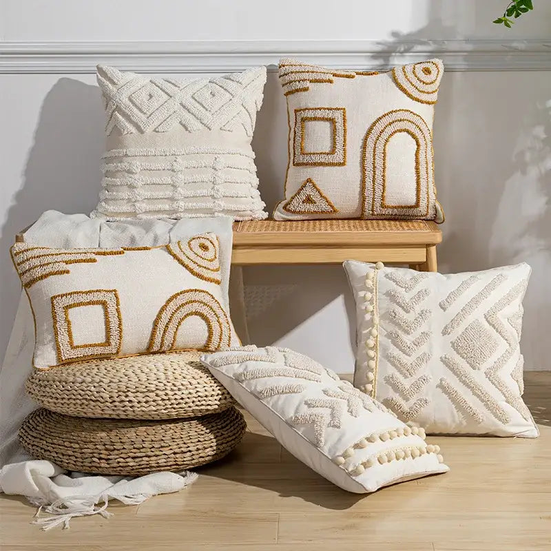 Geometric tufted cream & gold pillow covers living room decor