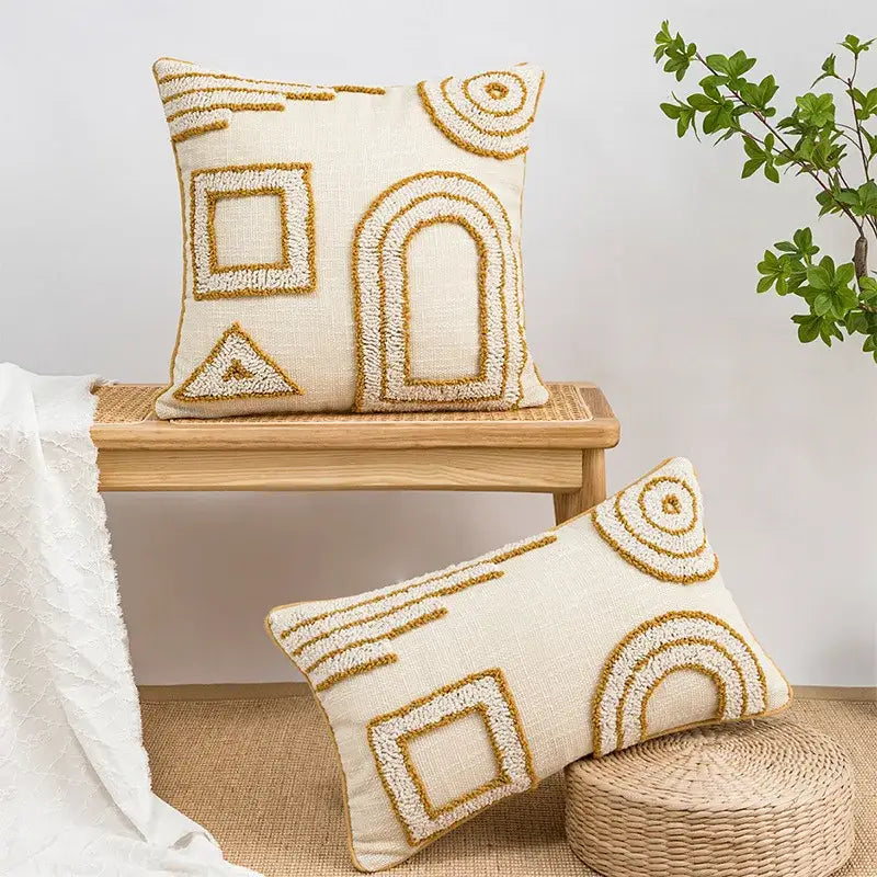 Geometric tufted cream & gold pillow covers living room decor