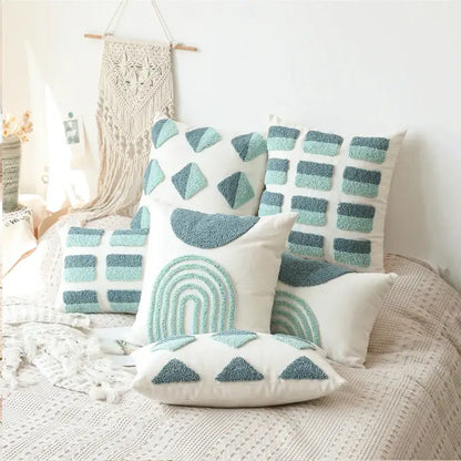 Geometric tufted diamond teal & white pillow cover living room decor