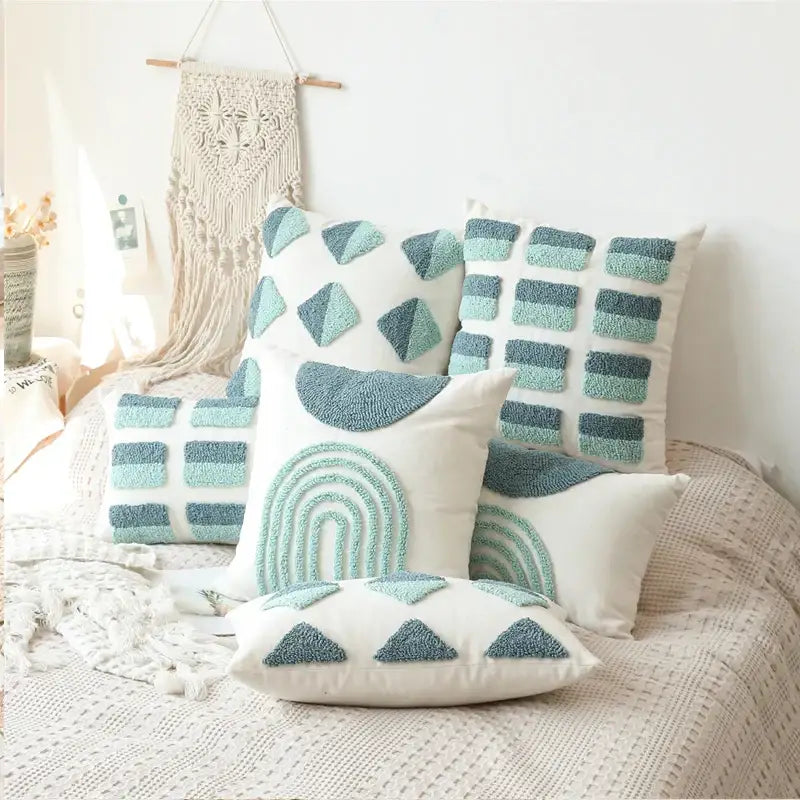 Geometric tufted diamond teal & white pillow cover living room decor