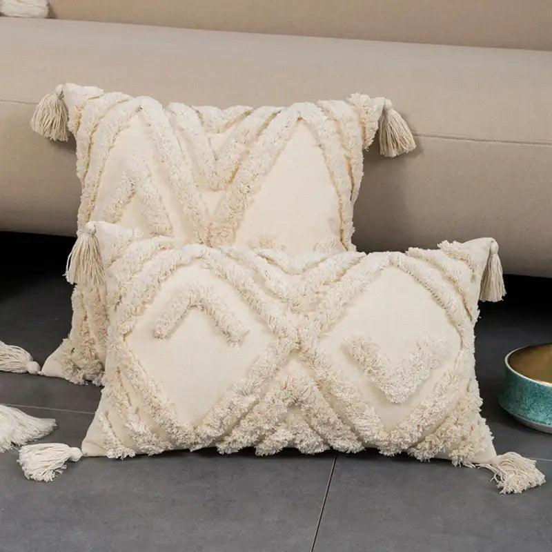 Geometric tufted fringed cushion cover cream living room pillow