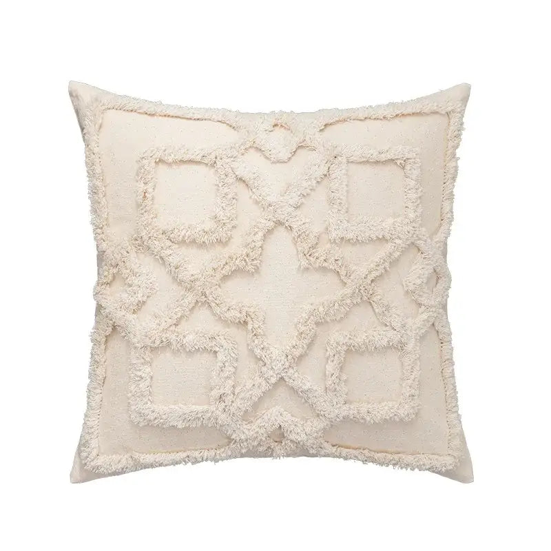 Geometric tufted fringed cushion cover cream living room pillow