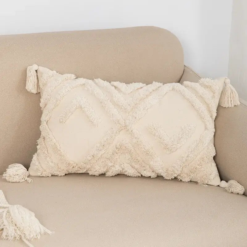 Geometric tufted fringed cushion cover cream living room pillow
